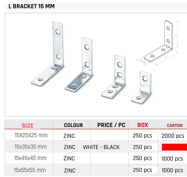L Bracket 15 MM Product image and table