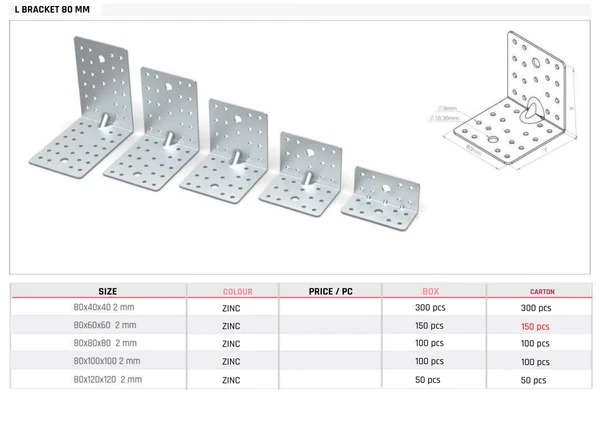 L Bracket 80 MM Product image and table