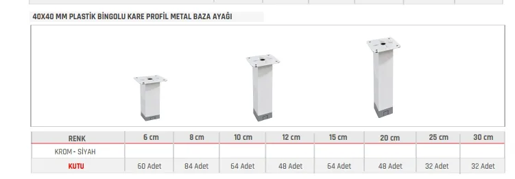 40X40 MM Square-Profile Metal Base Leg with Plastic Bingo Foot Product image and table