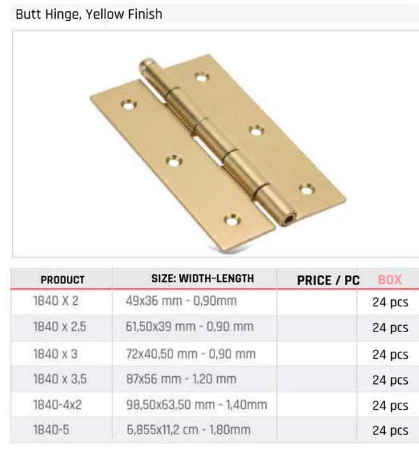 Butt Hinge, Yellow Finish