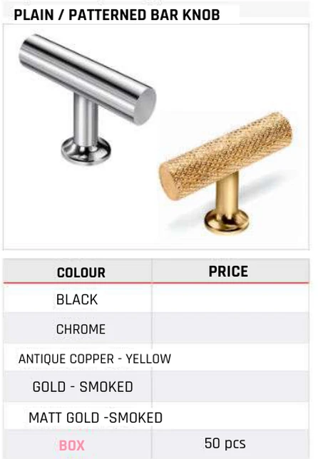 Plain / Patterned Bar Knob Product image and table