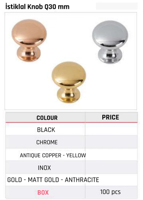 İstiklal Knob Q30 mm Product image and table