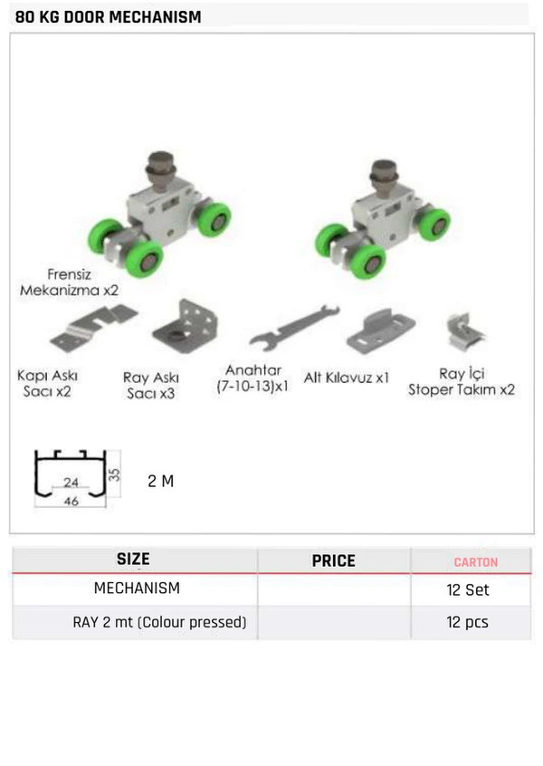 80 KG Door Mechanism Product image and table