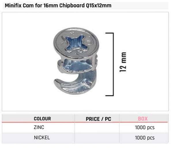 Minifix Cam for 16mm Chipboard Q15x12mm