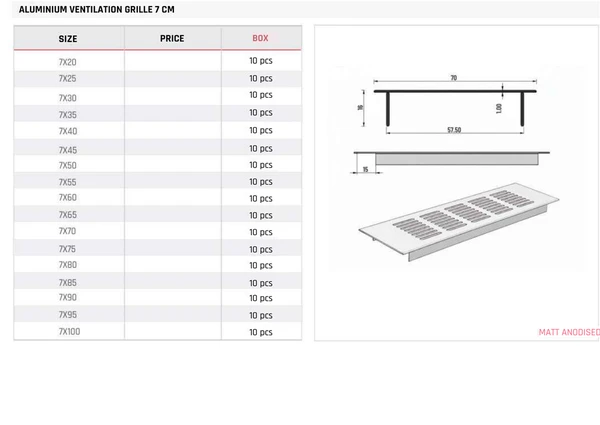 Aluminium Ventilation Grille 7 CM Product image and table
