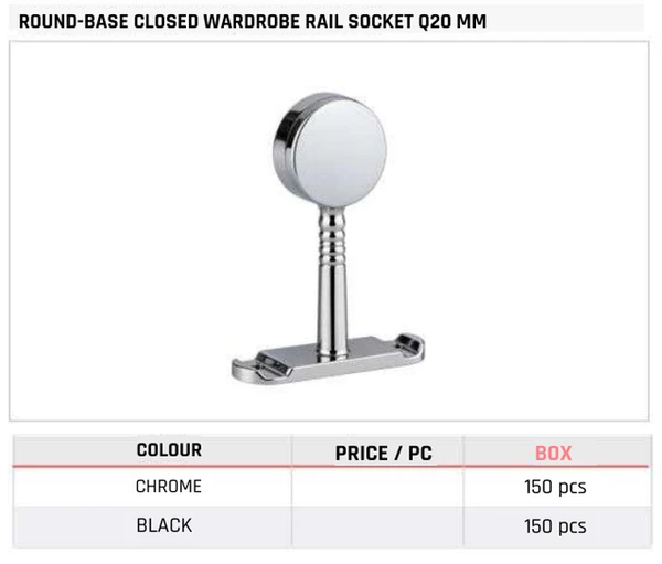 Round-Base Closed Wardrobe Rail Socket Q20 MM