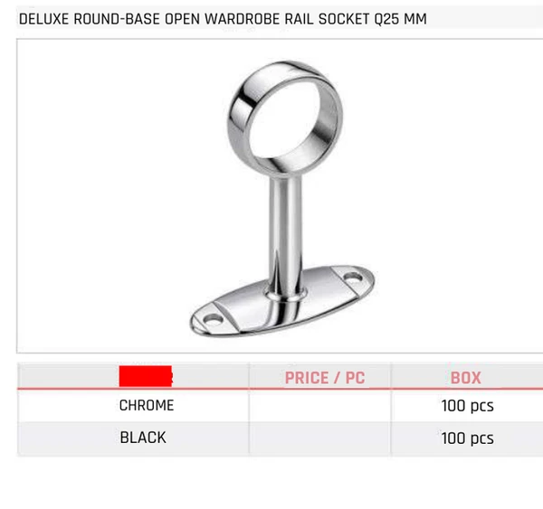 Deluxe Round-Base Open Wardrobe Rail Socket Q25 MM Product image and table