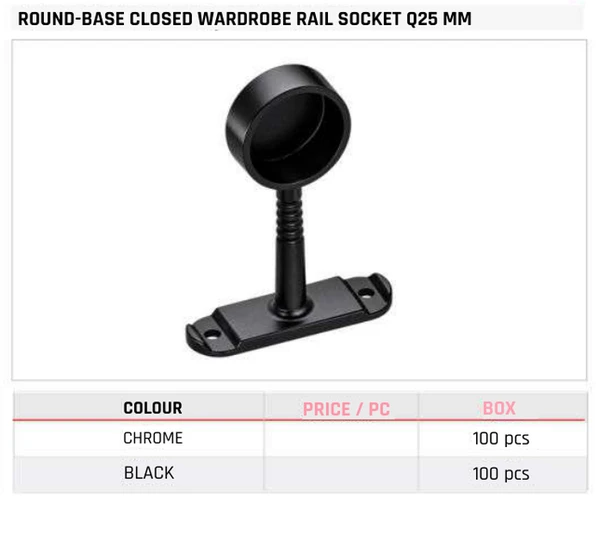 Round-Base Closed Wardrobe Rail Socket Q25 MM